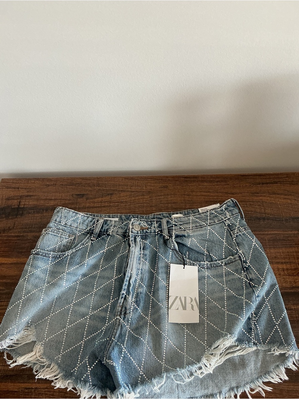 Zara Light Blue Rhinestone Denim Shorts